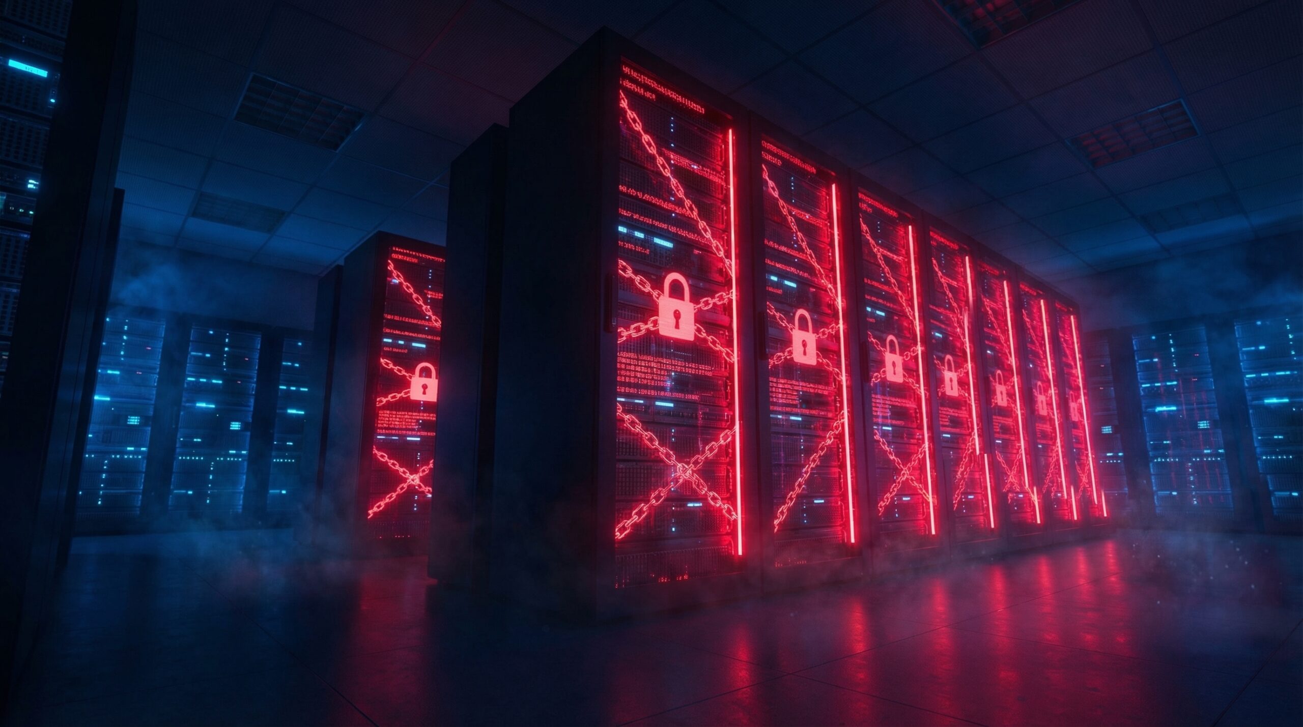 A server room glowing red indicating a Phobos ransomware attack in progress on an SMB network.