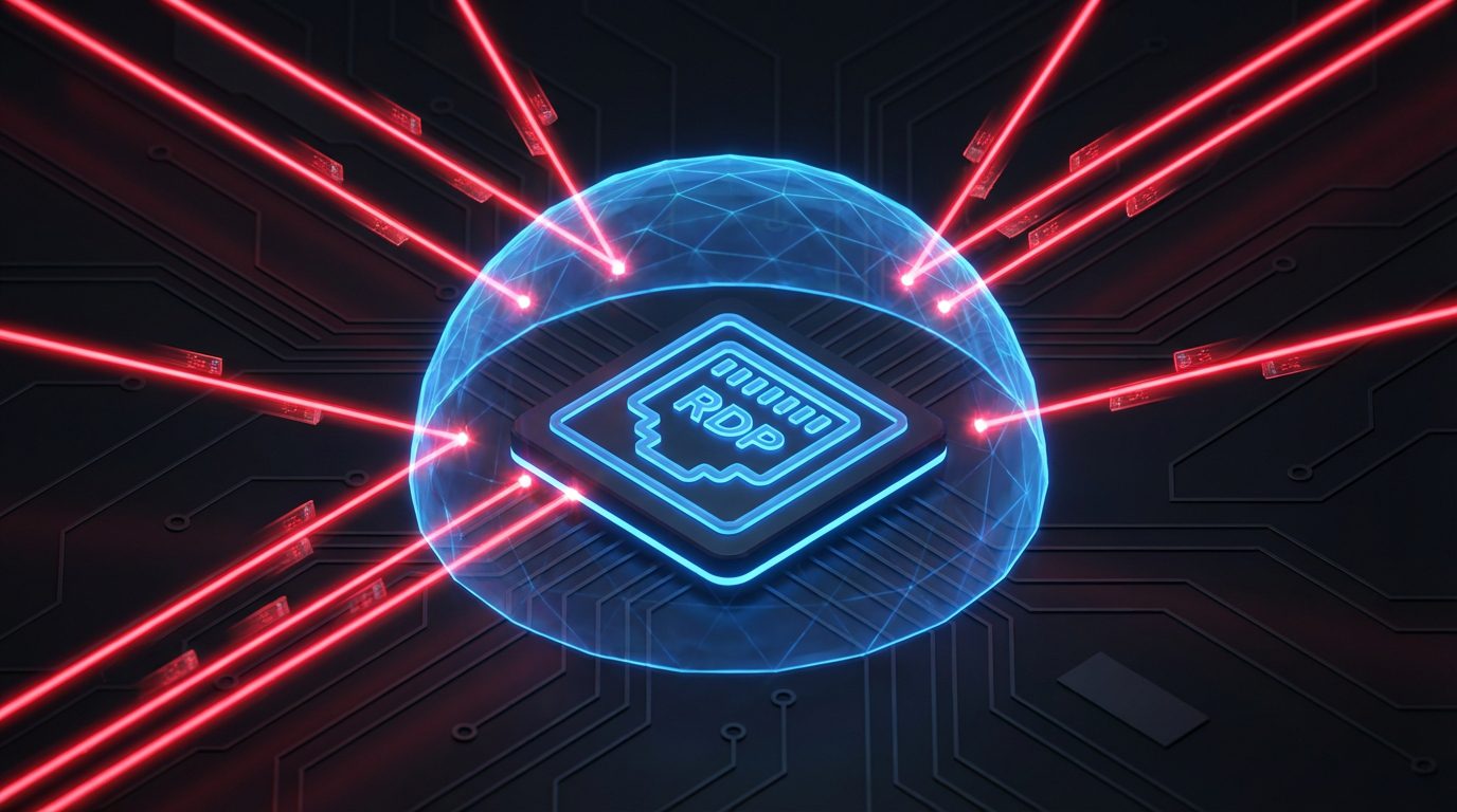 A digital visualization of an RDP brute force attack being blocked by cybersecurity defenses.